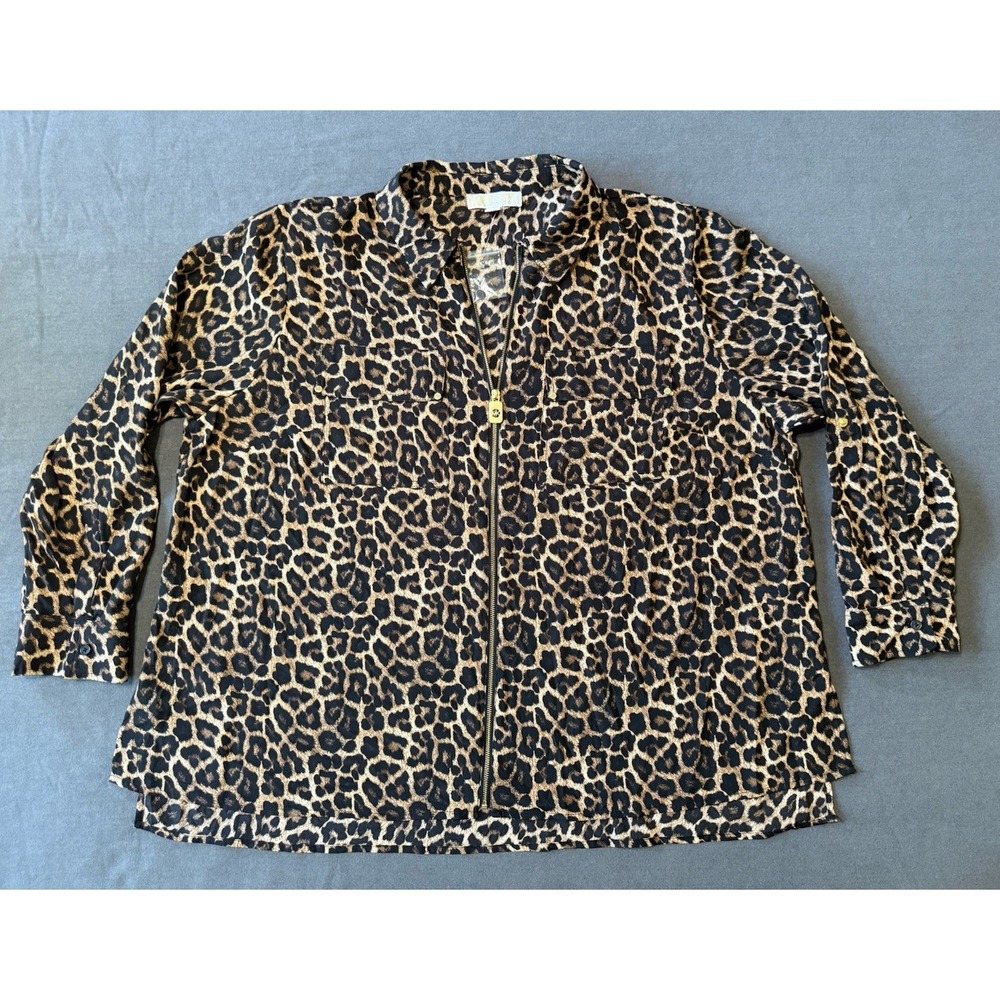 NEW Michael Kors Leopard Print Zip Front Blouse Top Women's Plus Size 3X